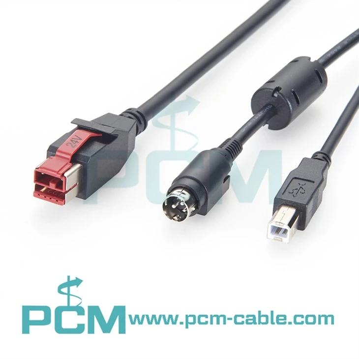 24V Powered USB split cable with USB-B data and Hosiden 3-pin power for POS printers and peripherals